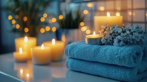 Relaxation at a luxury spa with towels and candles near a bubbling spa pool